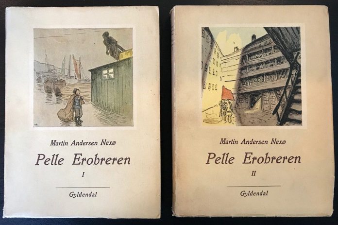 Pelle Erobreren udkom med 1. bind i 1906. Denne udgave er fra Gyldendal, 1949. Omslagstegning af Anton Hansen.