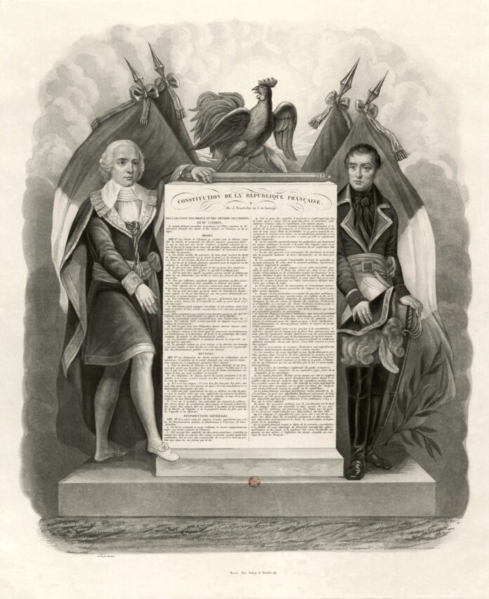 Bill of Rights (Declaration of the rights and duties of the Man and of the Citizen) of the French Constitution of 1795, which founded the Directory. Collection: Bibliothèque nationale de France. Engraving: Robert Bénard (1734-1785?), graveur en lettres. Upload, stitch and restoration by Jebulon. Public Domain.