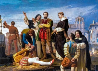 Execution of the community members of Castilla (detail). This work represents the execution of the community members Juan de Padilla, Juan Bravo and Francisco Maldonado, which took place in Villalar on April 24, 1521, and was acquired by the Spanish State for the amount of 80,000 reales, and it is currently exhibited in the Spanish Congress of Deputies. Oil on canvas painted in 1860 by Antonio Gisbert (1834–1901), Spanish painter. Collection: Congreso de los Diputados de España, Madrid. Public Domain.