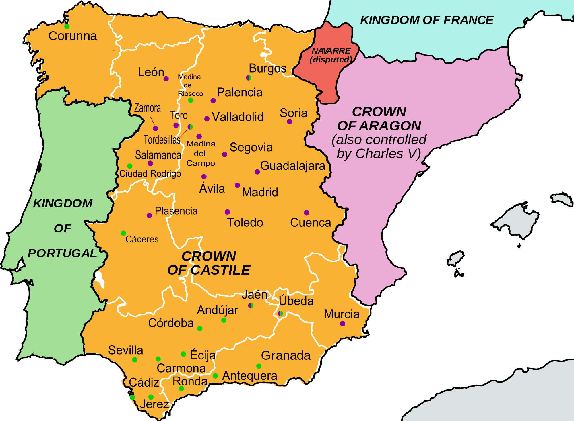 The Spanish 'communeros' 1520. The rebels were strongest in the central plateau of Spain; the royalists controlled Andalusia in the South and Galicia in the North. Aragon was distracted by the Revolt of the Brotherhoods, and Navarre was occupied by Castilian troops who guarded against the return of the Navarrese king and the French. Rebel cities are in purple; Royalist cities are in green; cities with both elements present or that vacillated are in both colors. 15 April 2016. (CC BY-SA 4.0).