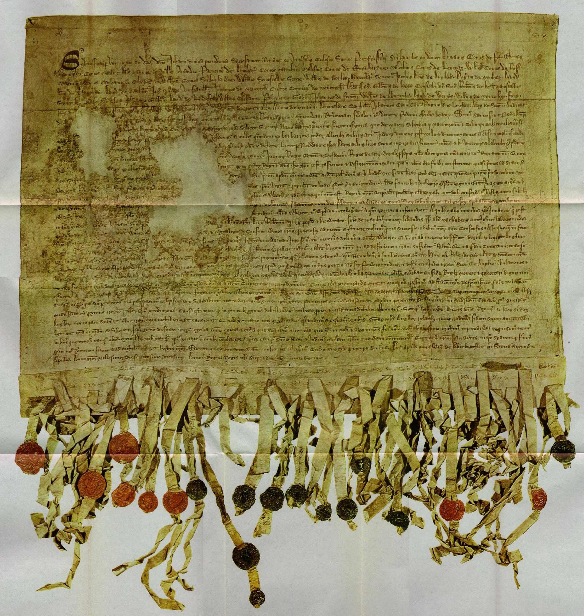 Reproduction of the "Tyninghame" (1320 A.D) copy of the Declaration of Arbroath. 1320 (manuscript): Author: Scotland barons. Public Domain.