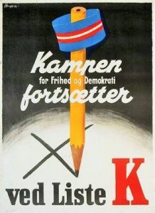 DKP valgplakat folketingsvalget 1945. Kilde: <a href="https://www.facebook.com/photo.php?fbid=2140848182842423&set=picfp.100007517862456&type=3&theater">Facebook</a>