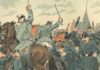5. maj 1872 blev en demonstration på Nørre Fælled (i dag Fælledparken) angrebet af politi og militær. Aftenen før blev blev "førerne" af Internationales sektion (parti og fagforeninger samlet i én organisation) Pio, Brix og Geleff arresteret, og først 4-5 år senere blev arbejderbevægelsen egentligt organiseret igen. Tegning fra satirebladet "Ravnen" i 1889.
