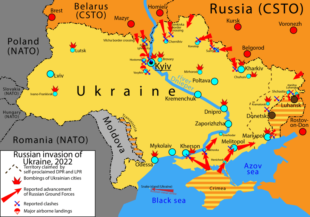 2022 Russian invasion of Ukraine – invasion of Ukraine by Russia starting on 24 February 2022. Made by Homoatrox on 26 February 2022. Sources for bombing locations: BBC online. Sources for ground clashes: Ministry of Defence of Ukraine. (CC0 1.0).